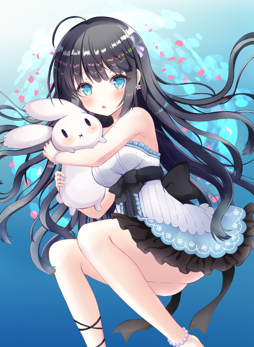 1girl :o :x absurdres ahoge bangs bare_shoulders black_bow black_hair black_skirt blue_eyes blush bow bracelet breasts center_frills commentary_request dress earrings eyebrows_visible_through_hair fingernails flower_earrings frills hair_between_eyes hair_bow highres jewelry kiyui_(honey_citron) long_hair looking_at_viewer medium_breasts object_hug original parted_lips pearl_anklet pearl_bracelet petals pleated_skirt purple_bow skirt solid_oval_eyes solo strapless strapless_dress stuffed_animal stuffed_bunny stuffed_toy very_long_hair white_dress