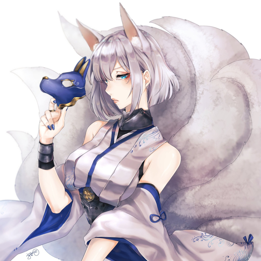 1girl animal_ears azur_lane bangs blue_eyes blunt_bangs eyeliner eyeshadow fox_ears fox_girl fox_mask fox_tail highres holding holding_mask japanese_clothes kaga_(azur_lane) kaga_(battleship)_(azur_lane) kimono kitsune kyogoku-uru makeup mask multiple_tails short_hair solo tail white_hair white_kimono