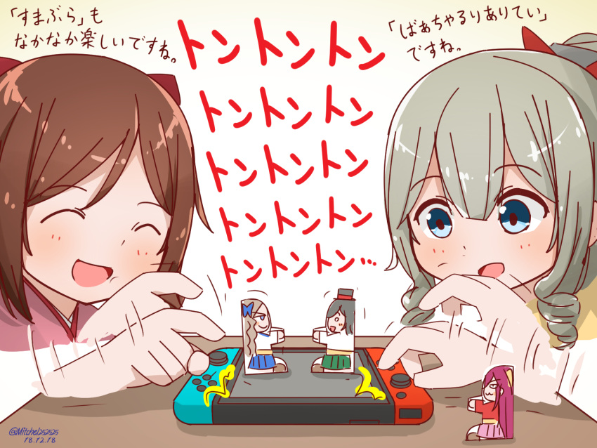 2girls asakaze_(kantai_collection) black_hair blue_eyes blue_hakama bow brown_hair cardboard_sumo closed_eyes commentary_request controller dated drill_hair eyebrows_visible_through_hair game_console game_controller hair_bow hakama handheld_game_console harukaze_(kantai_collection) hat hatakaze_(kantai_collection) highres japanese_clothes joy-con kamikaze_(kantai_collection) kantai_collection kimono light_brown_hair long_hair matsukaze_(kantai_collection) meiji_schoolgirl_uniform miccheru mini_hat mini_top_hat multiple_girls nintendo_switch open_mouth pink_hakama pink_kimono ponytail red_bow red_kimono short_hair smile top_hat translation_request twin_drills twitter_username wavy_hair white_kimono you're_doing_it_wrong