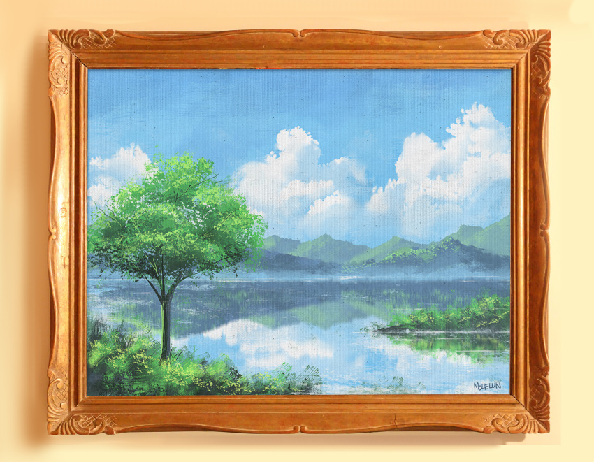 blue_sky clouds commentary day english_commentary frame grass highres lake making_of mclelun mountain mountainous_horizon original outdoors reflection scenery signature sky tree