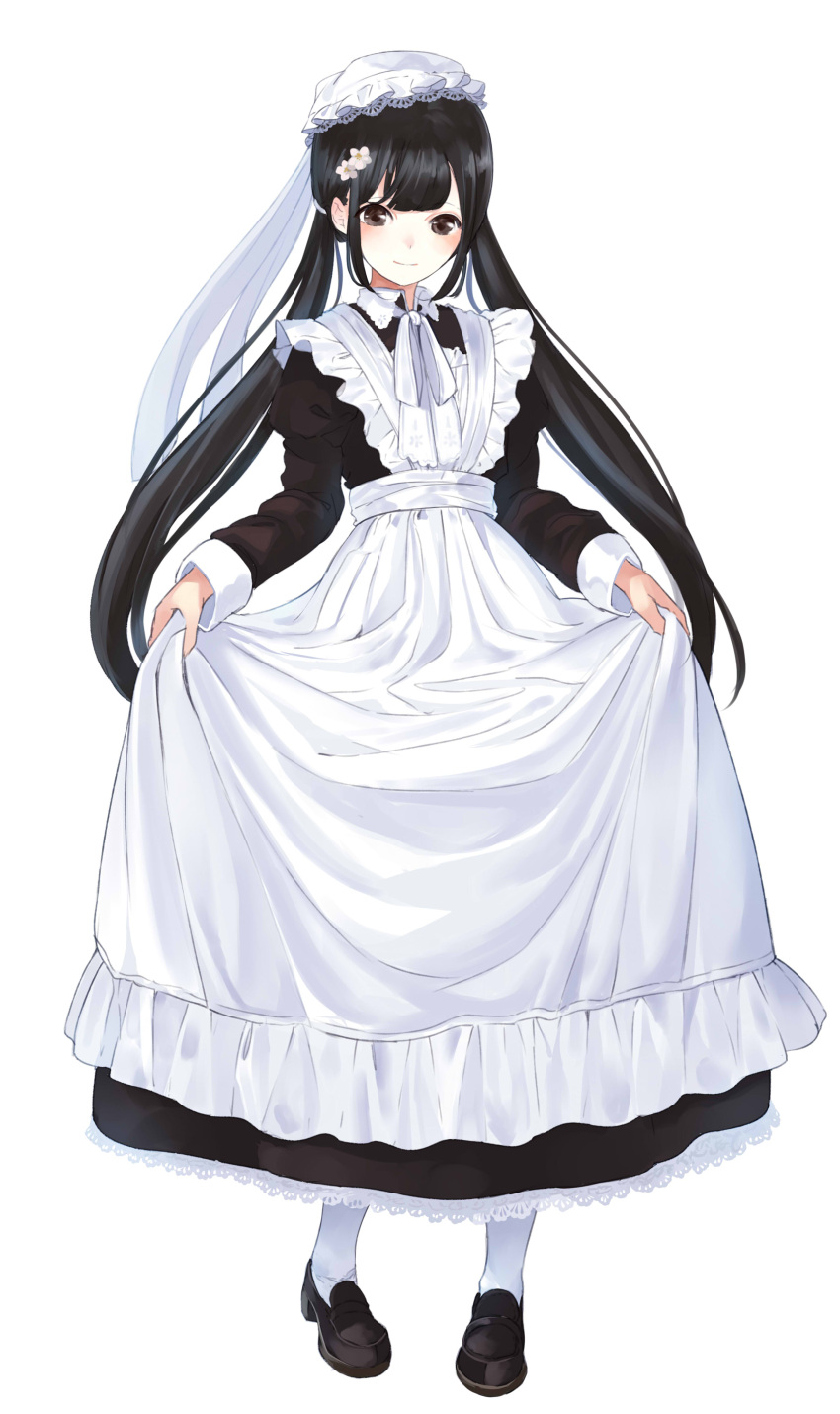 1girl absurdres apron apron_hold black_dress black_footwear black_hair brown_eyes closed_mouth dress flower frilled_apron frills full_body hair_flower hair_ornament hat highres lace lace-trimmed_dress loafers long_hair long_sleeves low_twintails maid maid_apron original pantyhose shii_(kairi-t-k0317) shoes simple_background smile solo standing twintails very_long_hair white_apron white_background white_flower white_hat white_legwear