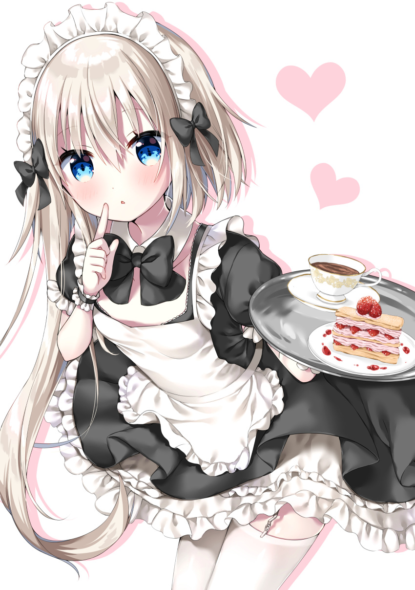 1girl absurdres alternate_costume apron asymmetrical_hair bangs black_bow black_dress blonde_hair blue_eyes blush bow breasts collarbone commentary_request cup detached_collar dress drop_shadow enmaided eyebrows_visible_through_hair food frilled_apron frilled_dress frills fruit garter_straps hair_between_eyes heart highres holding holding_tray leaning_forward looking_at_viewer maid maid_apron maid_headdress original parted_lips plate puffy_short_sleeves puffy_sleeves saucer short_sleeves small_breasts solo strawberry tea teacup thigh-highs tia-chan tray uchuuneko white_apron white_background white_collar white_legwear