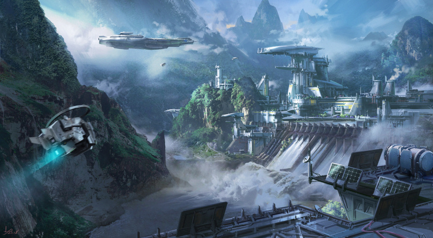 aircraft blue_sky building clouds commentary_request dam day fantasy highres landscape ling_xiang mountain nature no_humans original outdoors satellite_dish scenery science_fiction ship signature sky sunlight tree very_wide_shot water watercraft