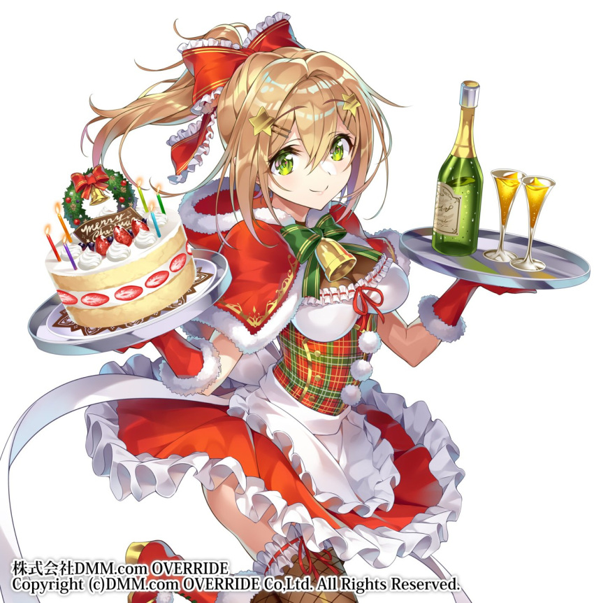 1girl alcohol apron bangs bell blonde_hair boots bottle bow bowtie breasts buttons cake candle candlelight capelet champagne champagne_bottle champagne_flute christmas_cake christmas_dress christmas_wreath commentary_request copyright_name cream cup dress drinking_glass elbow_gloves eyebrows_visible_through_hair fishnet_legwear fishnets food frilled_skirt frills fruit fur_trim gan_(shanimuni) glass_bottle gloves green_eyes hair_bow hair_ornament hairclip highres hood hood_down kanpani_girls knee_boots lips long_hair looking_at_viewer medium_breasts pom_pom_(clothes) ponytail red_dress red_footwear red_gloves shiny shiny_hair short_dress simple_background skirt smile solo star star_hair_ornament strawberry thigh-highs tray waist_apron white_background zettai_ryouiki