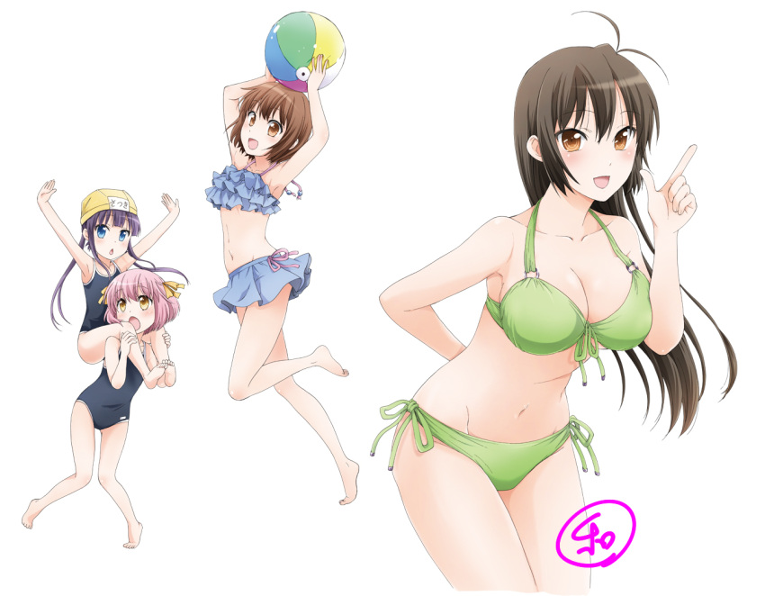 4girls armpits arms_up ball beachball bikini black_hair blue_bikini blue_eyes brown_hair danchigai frilled_bikini frills green_bikini hair_ribbon long_hair multiple_girls nanako_mutsuki nanako_satsuki nanako_uzuki nanako_yayoi orange_eyes pink_hair purple_hair ribbon school_swimsuit short_hair siblings swim_cap swimsuit twintails yoneda_kazusa