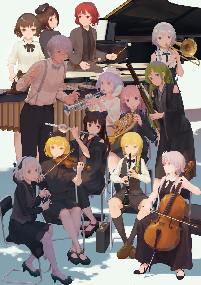 1boy 6+girls absurdres alternate_costume alternate_hairstyle bassoon black_dress black_footwear black_legwear black_neckwear black_pants black_shirt black_skirt blonde_hair blue_eyes blue_neckwear bow bow_(instrument) bowtie braid brown_eyes brown_footwear brown_hair capelet cello chair check_instrument chinese_commentary clarinet cleavage_cutout closed_mouth commentary_request contemporary crescent crossed_ankles detached_sleeves dress dress_shirt drum drum_set drumsticks flower flute french_horn from_above glasses green_eyes green_footwear green_hair hair_bow hair_flower hair_ornament hair_tubes hairband hakurei_reimu hat high_heels highres holding holding_instrument horikawa_raiko instrument instrument_request izayoi_sakuya jq kirisame_marisa kneehighs kochiya_sanae konpaku_youmu lavender_hair leaning_forward long_hair long_skirt long_sleeves looking_at_another looking_at_viewer looking_away looking_back low_twintails lunasa_prismriver lyrica_prismriver mallet_(instrument) marimba merlin_prismriver miniskirt mixed-language_commentary morichika_rinnosuke multiple_girls music neck_ribbon necktie on_chair open_mouth pants piano playing_instrument purple_hair red_eyes red_footwear redhead reisen_udongein_inaba ribbon sheet_music shirt shoes short_hair shorts side_braid silver_hair sitting skirt sleeveless sleeveless_dress smile standing star_hat_ornament suspenders touhou triangle_(instrument) trombone trumpet tsukumo_benben tsukumo_yatsuhashi twin_braids twintails vest violet_eyes violin white_shirt wide_sleeves yellow_eyes