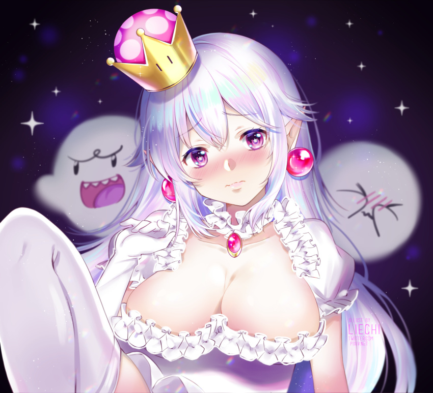 1girl bangs blush boo breasts cleavage closed_mouth collar crown dress eyebrows_visible_through_hair frilled_collar frilled_dress frilled_gloves frills gloves highres jewelry large_breasts liechi long_hair looking_at_viewer luigi's_mansion super_mario_bros. new_super_mario_bros._u_deluxe nintendo princess_king_boo short_sleeves super_crown tilted_headwear white_dress white_gloves white_hair