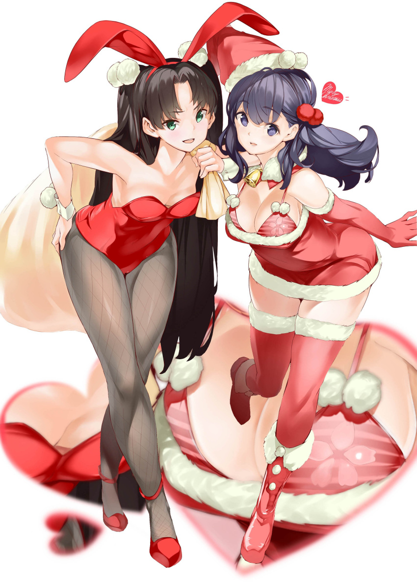 2girls absurdres animal_ears bare_shoulders bell bell_collar black_hair black_legwear blush boots breasts cleavage collar commentary commentary_request elbow_gloves fate/stay_night fate_(series) fishnet_pantyhose fishnets gift_bag gloves green_eyes hair_ornament hat highres large_breasts leaning_forward leotard long_hair looking_at_viewer matou_sakura medium_breasts multiple_girls pantyhose purple_hair rabbit_ears santa_boots santa_costume santa_gloves santa_hat siblings sisters smile standing tohsaka_rin tsukamori_shuuji twintails violet_eyes wrist_cuffs