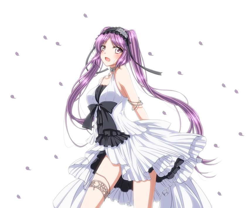 1girl armlet arms_behind_back bananadaiou breasts choker collarbone dress euryale fate/hollow_ataraxia fate_(series) hairband highres lolita_hairband long_hair looking_at_viewer medium_breasts open_mouth petals purple_hair short_dress simple_background sleeveless sleeveless_dress solo standing stheno thighlet twintails very_long_hair white_background white_dress yellow_eyes