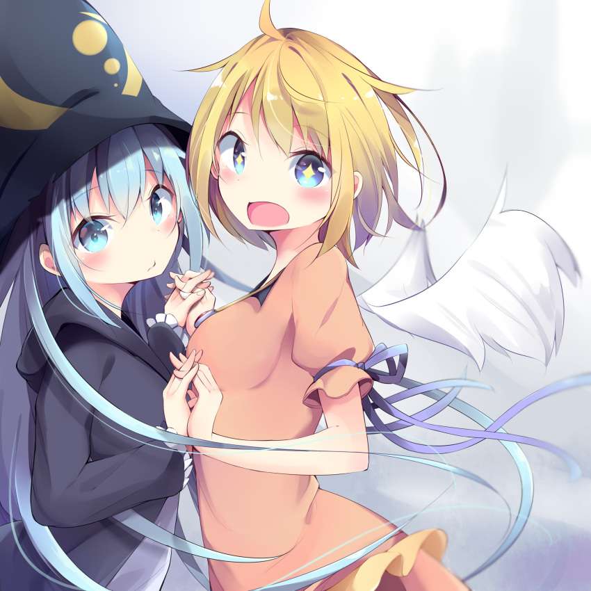 +_+ 2girls :d absurdres ahoge bangs bemani black_hat black_jacket blonde_hair blue_eyes blue_hair blue_ribbon blush breasts brown_dress character_request commentary_request dress eyebrows_visible_through_hair feathered_wings fingernails frilled_sleeves frills hair_between_eyes hand_holding hat highres hood hood_down hooded_jacket interlocked_fingers jacket jewelry kyuukon_(qkonsan) long_hair long_sleeves looking_at_viewer looking_to_the_side mini_wings multiple_girls open_clothes open_jacket open_mouth pendant puffy_short_sleeves puffy_sleeves ribbon short_sleeves small_breasts smile very_long_hair white_wings wings witch_hat