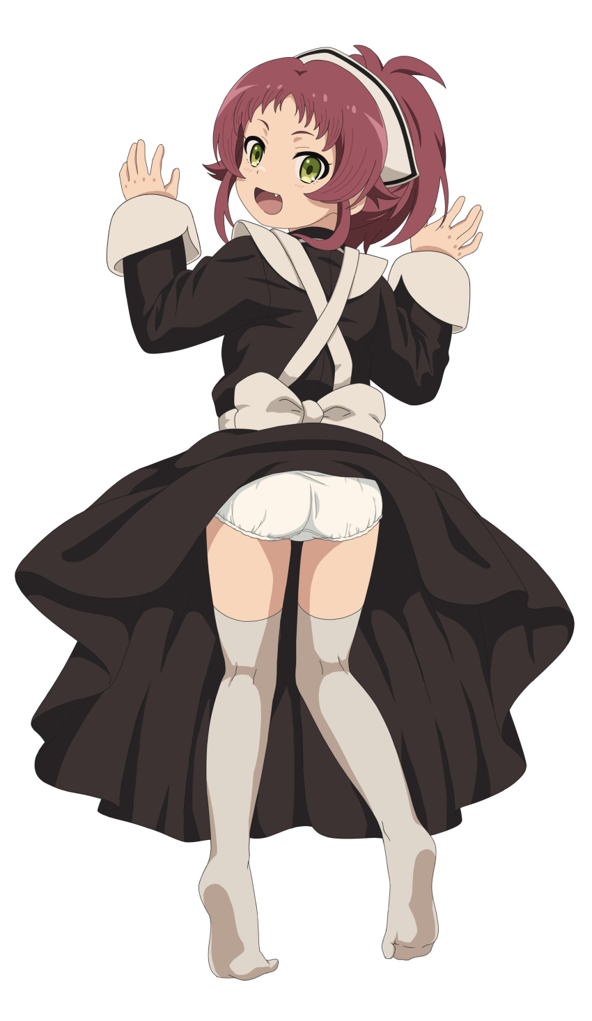1girl :d absurdres aisha_greyrat alternate_costume apron ass back_bow bangs black_dress bow brown_hair commentary_request dbmaster dress enmaided fang from_behind full_body green_eyes hands_up head_scarf highres kneepits long_sleeves looking_at_viewer looking_back maid mushoku_tensei no_shoes panties ponytail simple_background sleeves_past_wrists smile soles solo standing thigh-highs tiptoes underwear white_apron white_background white_bow white_legwear white_panties