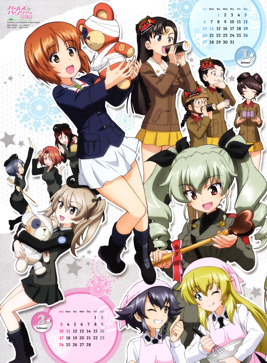 :d :p absurdres anchovy anzio_military_uniform anzio_school_uniform apron arrow azumi_(girls_und_panzer) bandage bandaid bangs black_hair blonde_hair boko_(girls_und_panzer) brown_eyes brown_hair buttons calendar_(medium) carpaccio chi-hatan_school_uniform chocolate closed_eyes eating ema emblem eyebrows_visible_through_hair food fukuda_(girls_und_panzer) gift girls_und_panzer glasses green_hair hair_ribbon hat heart high_five highres holding holding_stuffed_animal holding_stuffed_toy hosomi_(girls_und_panzer) itou_takeshi long_hair makizushi medium_hair megumi_(girls_und_panzer) military military_hat military_uniform multiple_girls nishi_kinuyo nishizumi_miho official_art oni_mask ooarai_military_uniform open_mouth pepperoni pleated_skirt ribbon rumi_(girls_und_panzer) school_uniform selection_university_(emblem) selection_university_military_uniform shimada_arisu skirt smile star stuffed_animal stuffed_toy sushi tamada_(girls_und_panzer) tongue tongue_out uniform