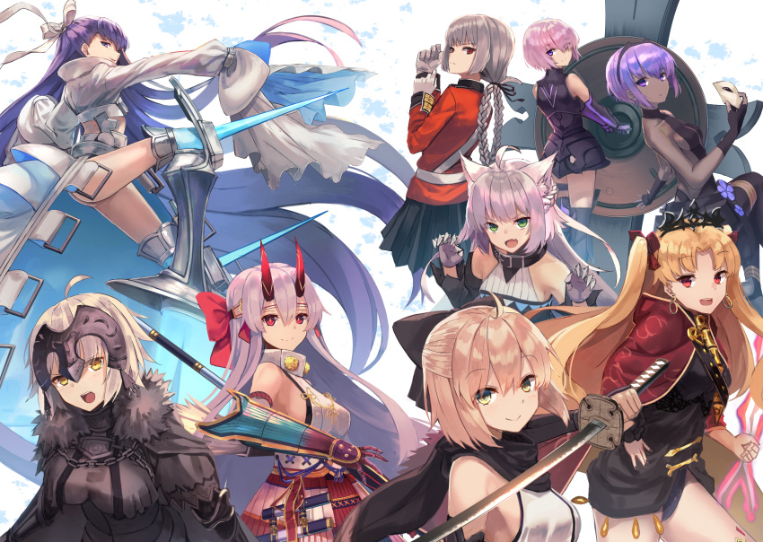 6+girls ahoge armor atalanta_(fate) blonde_hair breasts ereshkigal_(fate/grand_order) eyebrows_visible_through_hair fate/grand_order fate_(series) florence_nightingale_(fate/grand_order) green_eyes grey_hair hassan_of_serenity_(fate) highres holding hopepe jeanne_d'arc_(alter)_(fate) jeanne_d'arc_(fate)_(all) large_breasts looking_at_viewer mash_kyrielight meltlilith multiple_girls okita_souji_(fate) okita_souji_(fate)_(all) pink_hair red_eyes short_hair smile solo sword tohsaka_rin tomoe_gozen_(fate/grand_order) violet_eyes weapon white_hair yellow_eyes