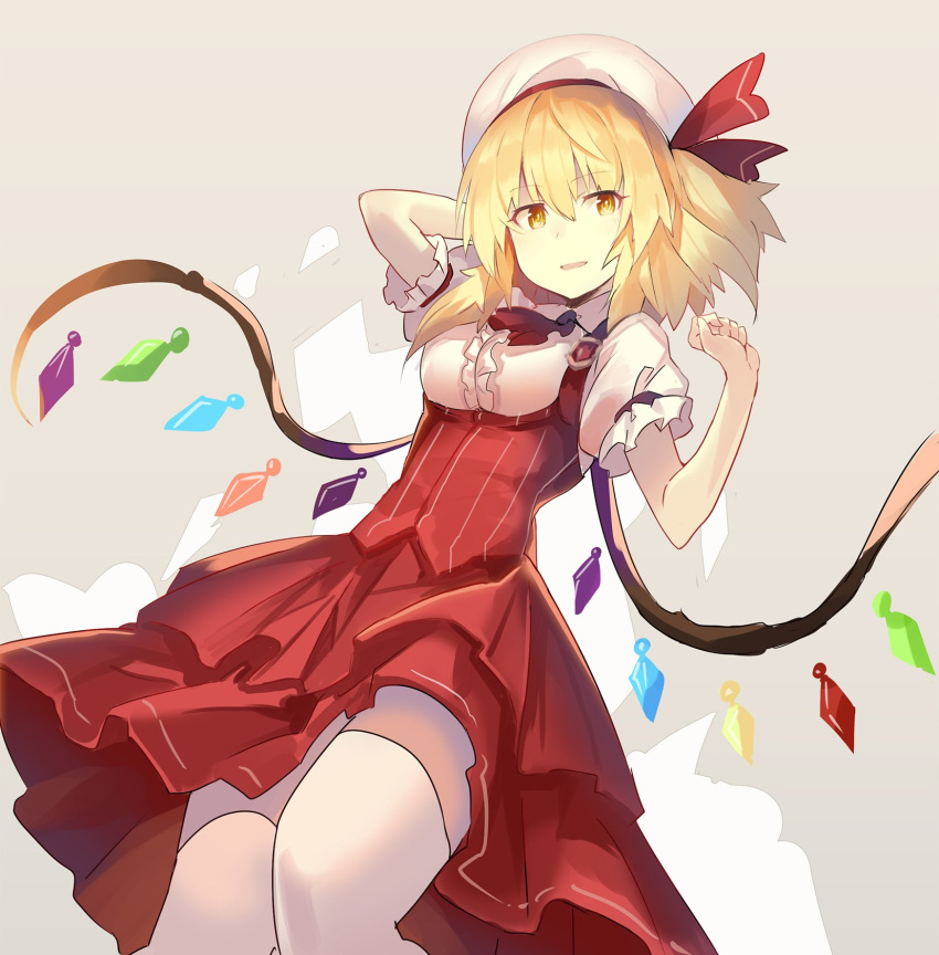 1girl adapted_costume alternate_eye_color ascot bat_wings blonde_hair bow breasts commentary_request crystal eyebrows_visible_through_hair flandre_scarlet hat hat_bow hat_ribbon highres looking_at_viewer medium_hair mob_cap open_eyes open_mouth puffy_short_sleeves puffy_sleeves red_neckwear red_skirt ribbon rin_falcon sepia_background short_sleeves side_ponytail skirt solo standing touhou vest wings yellow_eyes