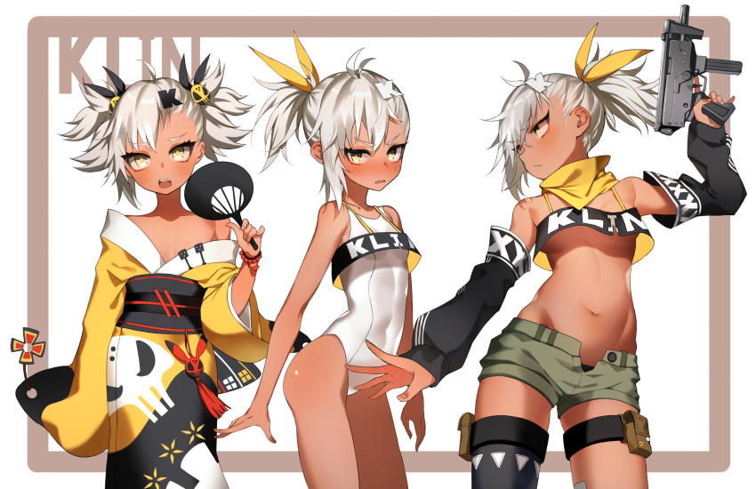 1girl ahoge arm_up bare_arms bare_shoulders black_legwear blush character_name clothes_writing dark_skin detached_sleeves fan fang_out girls_frontline hair_ornament highres holding holding_fan holding_weapon japanese_clothes kimono klin_(girls_frontline) long_sleeves looking_at_viewer multiple_views off_shoulder one-piece_swimsuit pokan_(xz1128) pouch short_hair single_thighhigh skull standing swimsuit tassel thigh-highs thigh_strap weapon weapon_request white_hair white_swimsuit wide_sleeves yellow_eyes yellow_kimono