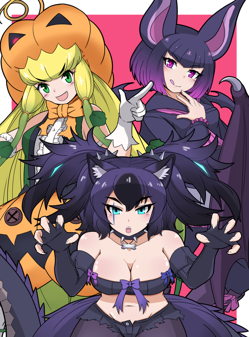 3girls :d :q absurdres animal_ears aqua_eyes armband bangs bat_ears bat_wings blonde_hair blunt_bangs blush bow bowtie breasts buttons cerberus_(kemono_friends) claw_pose cleavage collar common_vampire_bat_(kemono_friends) dog_ears elbow_gloves eyebrows_visible_through_hair fingerless_gloves frilled_sleeves frills gloves gradient_hair green_eyes highres jack-o'-lantern_(kemono_friends) kemono_friends long_hair long_sleeves looking_at_viewer magenta_background medium_breasts morimasakazu multicolored_hair multiple_girls open_mouth orange_neckwear pointing pointing_up pumpkin_hat purple_hair purple_neckwear sailor_collar short_hair shorts sleeveless smile tail tongue tongue_out torn_clothes torn_shorts two_side_up very_long_hair violet_eyes white_gloves wings