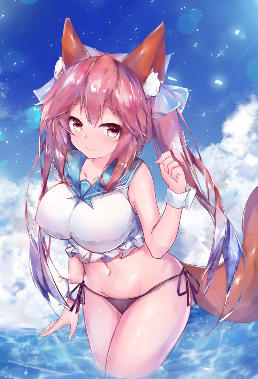 1girl animal_ear_fluff animal_ears bikini bikini_bottom black_bikini_bottom blue_bow blue_sailor_collar blue_sky bow breasts brown_eyes brown_hair closed_mouth clouds collarbone commentary_request crop_top day fate/grand_order fate_(series) fox_ears fox_girl fox_tail groin hair_bow hand_up highres large_breasts long_hair navel outdoors sailor_collar shirt side-tie_bikini sky sleeveless sleeveless_shirt smile solo swimsuit tail tail_raised tamamo_(fate)_(all) tamamo_no_mae_(fate) twintails twiska_(doubitian) very_long_hair wading water white_shirt wrist_cuffs