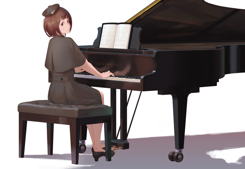 1girl alternate_costume black_dress black_footwear brown_eyes brown_hair capelet closed_mouth contemporary dress hat instrument jq looking_at_viewer looking_back lyrica_prismriver music no_socks piano piano_bench playing_instrument sheet_music shoes short_hair simple_background sitting smile solo star_hat_ornament touhou white_background