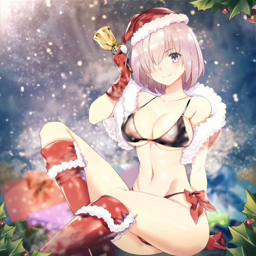 1girl bare_shoulders bell bikini black_bikini blush boots breasts christmas cleavage closed_mouth collarbone fate/grand_order fate_(series) fur_trim gloves hair_over_one_eye hat hips knee_boots large_breasts lavender_hair looking_at_viewer mash_kyrielight mistletoe navel red_footwear red_gloves santa_hat sitting smile snowing solo swimsuit teddy_(khanshin) thigh-highs thighs violet_eyes