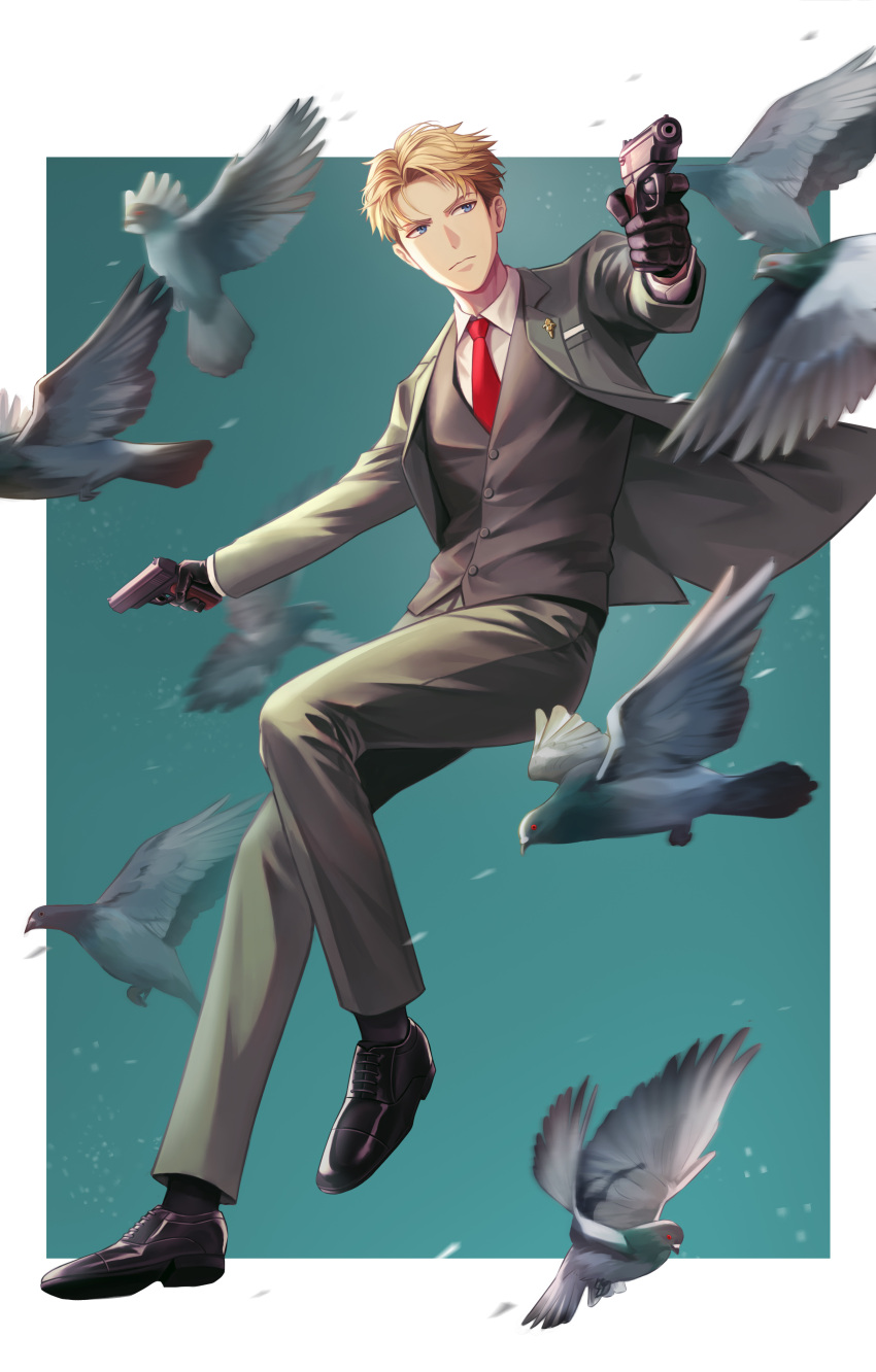 1boy absurdres animal bird blonde_hair blue_eyes collared_shirt crow dove dress_shoes floating formal full_body gloves green_jacket green_pants green_suit gun handgun highres holding holding_gun holding_weapon jacket male_focus midair necktie pants pigeon red_necktie runx shirt short_hair solo spy_x_family suit suit_jacket twilight_(spy_x_family) vest weapon white_shirt
