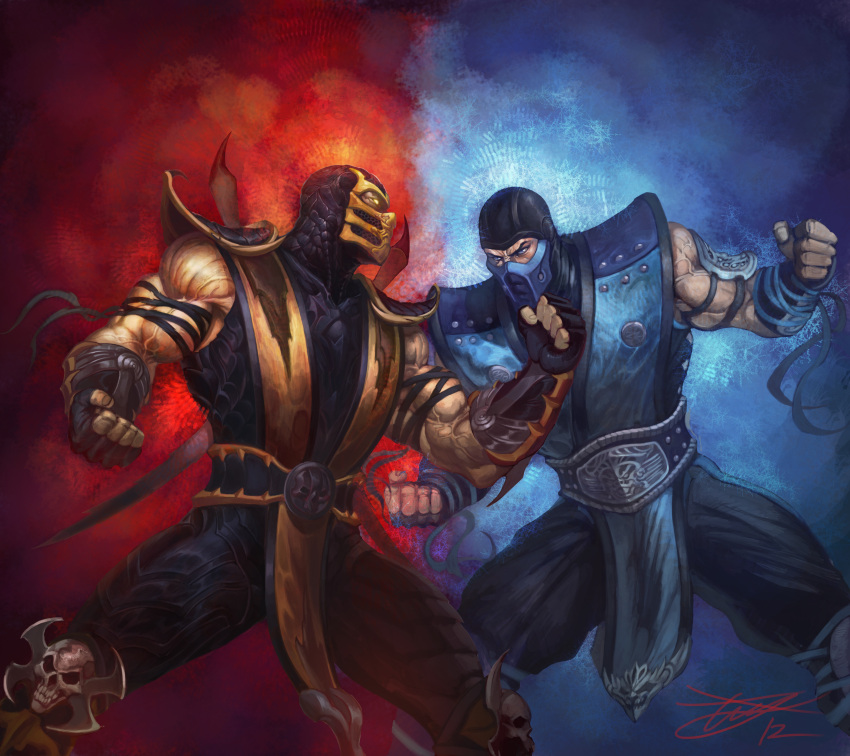 2boys absurdres arms_up battle black_gloves blue blue_eyes chains clenched_hand duel fighting fingerless_gloves fire gloves glowing glowing_eyes half_mask hand_up hands heewon_lee highres katana male_focus mask midway_(company) mortal_kombat mortal_kombat_4 mortal_kombat_armageddon mortal_kombat_deadly_alliance mortal_kombat_deception mortal_kombat_ii mortal_kombat_trilogy multiple_boys muscle ninja no_pupils orange_eyes pale_skin polearm scorpion_(mortal_kombat) sheath sheathed skull spear sub-zero sword sword_behind_back tree ultimate_mortal_kombat_3 weapon weapon_on_back white_eyes yellow_eyes
