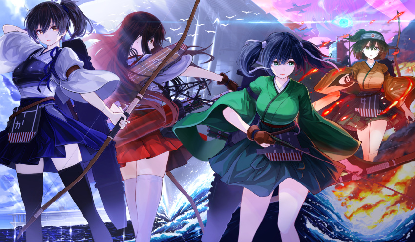 5girls akagi_(kantai_collection) apron archery arrow bangs blue_hair bow_(weapon) breasts brown_eyes brown_gloves brown_hair commentary_request flight_deck gloves glowing glowing_eyes hair_ribbon hakama hakama_skirt headband highres hiryuu_(kantai_collection) iseki_(kuroshura_no_tabiji) japanese_clothes kaga_(kantai_collection) kantai_collection kyuudou large_breasts long_hair long_sleeves multiple_girls muneate nontraditional_miko one_side_up pale_skin partly_fingerless_gloves pleated_skirt quiver red_skirt ribbon shinkaisei-kan short_hair side_ponytail single_glove skirt souryuu_(kantai_collection) straight_hair thigh-highs twintails weapon white_legwear wo-class_aircraft_carrier yugake yumi_(bow)