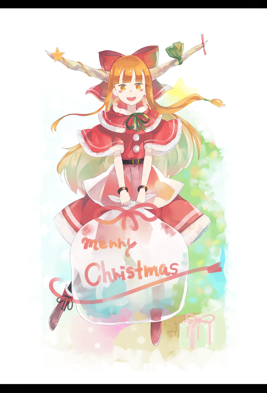 1girl bangle bangs belt blush_stickers boots bow bracelet capelet christmas coat commentary_request full_body fur-trimmed_coat fur-trimmed_sleeves fur_trim gift green_ribbon hair_bow highres holding holding_sack horn_ribbon horns ibuki_suika jewelry letterboxed long_hair looking_at_viewer merry_christmas o_(crazyoton46) oni open_mouth orange_hair pom_pom_(clothes) red_bow red_ribbon ribbon sack santa_boots santa_costume smile star touhou wide_sleeves