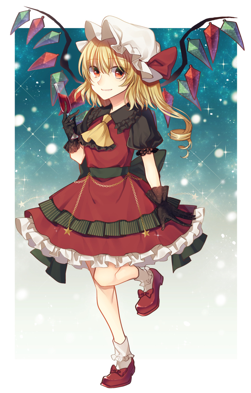 1girl alcohol ascot black_bow black_gloves blonde_hair bow chains commentary_request cup drinking_glass flandre_scarlet full_body gloves hat hat_bow highres kaede_(mmkeyy) lace lace_gloves looking_at_viewer mob_cap outside_border puffy_short_sleeves puffy_sleeves red_eyes red_footwear red_skirt shoe_bow shoes short_sleeves skirt socks solo standing standing_on_one_leg star starry_background touhou white_legwear wine wine_glass wings yellow_neckwear