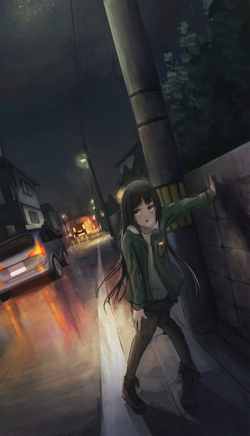 1girl :o ankle_boots arm_at_side arm_support bending_forward black_hair black_skirt boots breath brick_wall brown_eyes brown_legwear car clouds cloudy_sky cross-laced_footwear dutch_angle fjsmu green_jacket ground_vehicle highres house jacket knees_together_feet_apart lamppost leaning_on_object long_hair looking_at_viewer motor_vehicle night open_clothes open_jacket original outdoors outstretched_arm pantyhose power_lines power_pole reflection road shadow sidewalk skirt sky solo street sweater town very_long_hair white_sweater