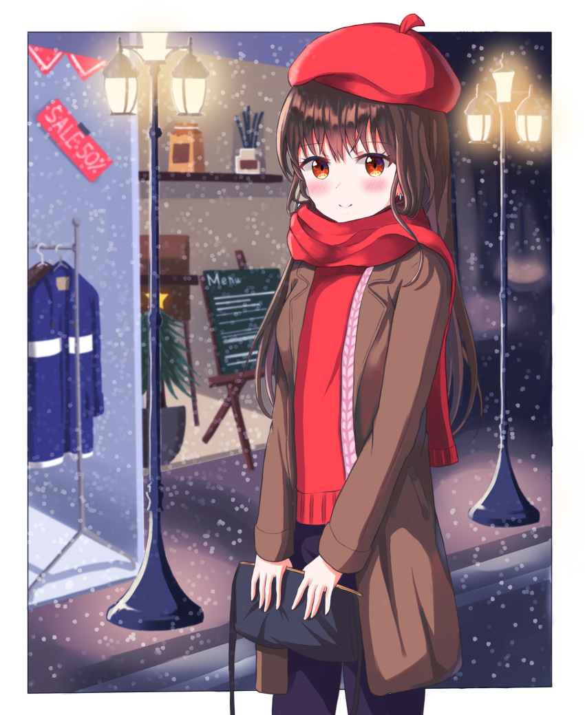 1girl bag bangs blue_jacket blue_pants blush border brown_coat brown_hair christmas closed_mouth coat cowboy_shot earrings enpera eyebrows_visible_through_hair hat highres holding holding_bag jacket jewelry lamppost long_hair long_sleeves menu_board night open_clothes open_coat orange_eyes original outdoors pal_lett pants red_hat red_scarf red_sweater road scarf shoulder_bag sign sleeves_past_wrists smile snowing solo standing street sweater tareme white_border wing_collar winter winter_clothes