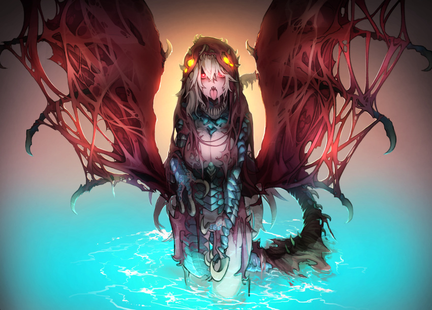 1girl absurdres backlighting breasts claws dragon_girl dragon_tail dragon_wings gradient gradient_background highres hood huge_filesize large_breasts long_hair looking_at_viewer monster_hunter open_mouth personification pigeoncrow red_eyes robe scales sharp_teeth silver_hair solo tail teeth tongue tongue_out vaal_hazak wading water wings