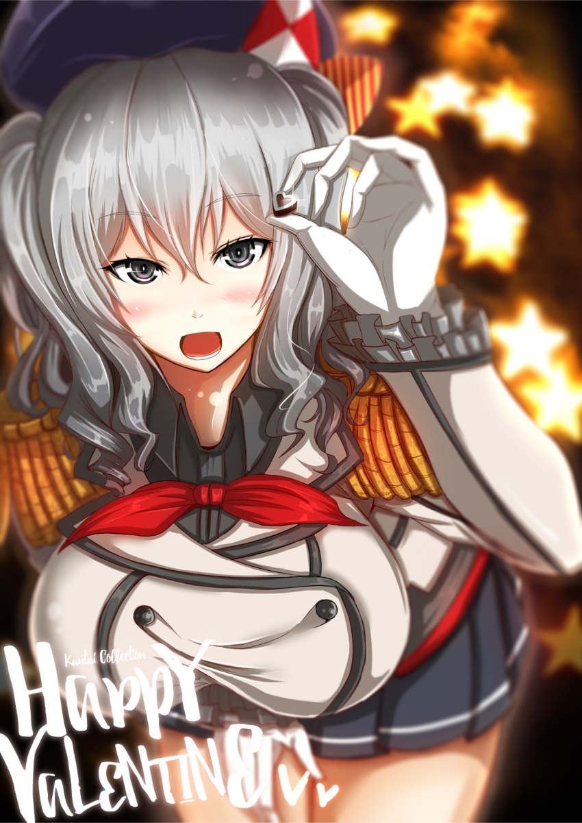 1girl beret black_hat blue_eyes blurry blurry_background blush breasts buttons chocolate chocolate_heart commentary depth_of_field epaulettes eyebrows_visible_through_hair feeding food frilled_sleeves frills glint gloves hair_between_eyes hand_on_own_thigh happy_valentine hat heart highres holding holding_food jacket kantai_collection kashima_(kantai_collection) large_breasts leaning_forward long_hair long_sleeves looking_at_viewer military military_jacket military_uniform neckerchief open_mouth origin_(fefnir_nightload) pleated_skirt pov red_neckwear sidelocks silver_hair skirt smile solo tsurime twintails uniform valentine wavy_hair white_gloves white_jacket
