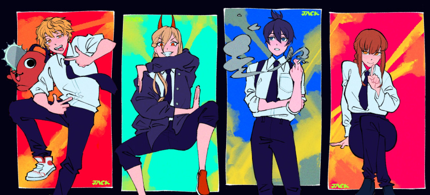 2boys 2girls @_@ ass black_hair black_necktie blonde_hair breasts chainsaw chainsaw_man cigarette coat crossed_legs denji_(chainsaw_man) eyes_visible_through_hair finger_to_mouth hair_between_eyes hayakawa_aki highres holding holding_cigarette huge_ass jackolin long_hair makima_(chainsaw_man) medium_breasts multiple_boys multiple_girls necktie pants pants_rolled_up pochita_(chainsaw_man) pointing power_(chainsaw_man) red_eyes redhead shirt shirt_tucked_in shoes short_hair shushing sidelocks sleeves_rolled_up smile smoking sneakers tongue topknot white_shirt yellow_eyes