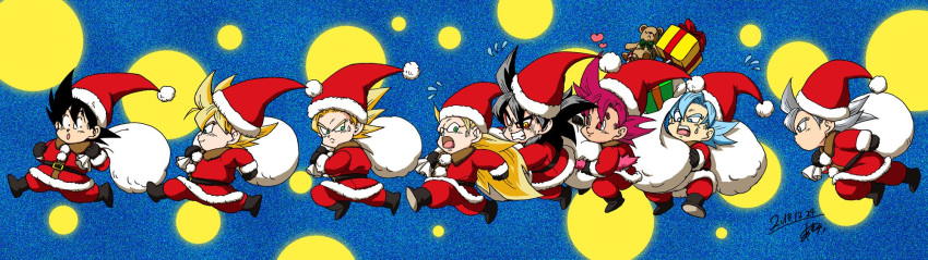 6+boys :o annoyed bag black_footwear black_gloves black_hair blue_background blue_eyes boots box chibi commentary_request d: dated dragon_ball dragon_ball_(classic) dragon_ball_gt dragon_ball_super dragonball_z eyeshadow flying frown full_body gift gift_box gloves green_eyes grey_eyes grey_hair grin hat heart highres long_hair looking_back makeup multiple_boys multiple_persona nervous open_mouth polka_dot polka_dot_background profile red_eyes redhead running santa_boots santa_costume santa_hat short_hair signature simple_background smile son_gokuu spiky_hair spread_legs stuffed_animal stuffed_toy super_saiyan super_saiyan_2 super_saiyan_3 super_saiyan_4 super_saiyan_blue super_saiyan_god sweatdrop tail teddy_bear toy ultra_instinct upper_teeth very_long_hair yellow_eyes