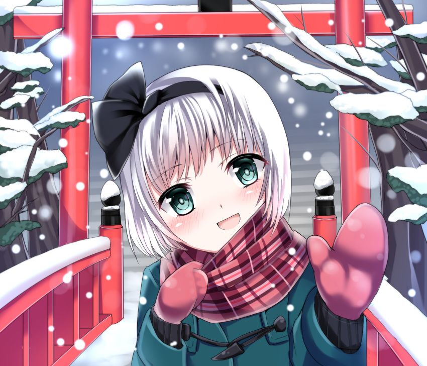 1girl :d green_coat green_eyes hair_ribbon head_tilt highres konpaku_youmu looking_at_viewer mittens open_mouth plaid plaid_scarf ribbon scarf shamuichi silver_hair smile snow touhou