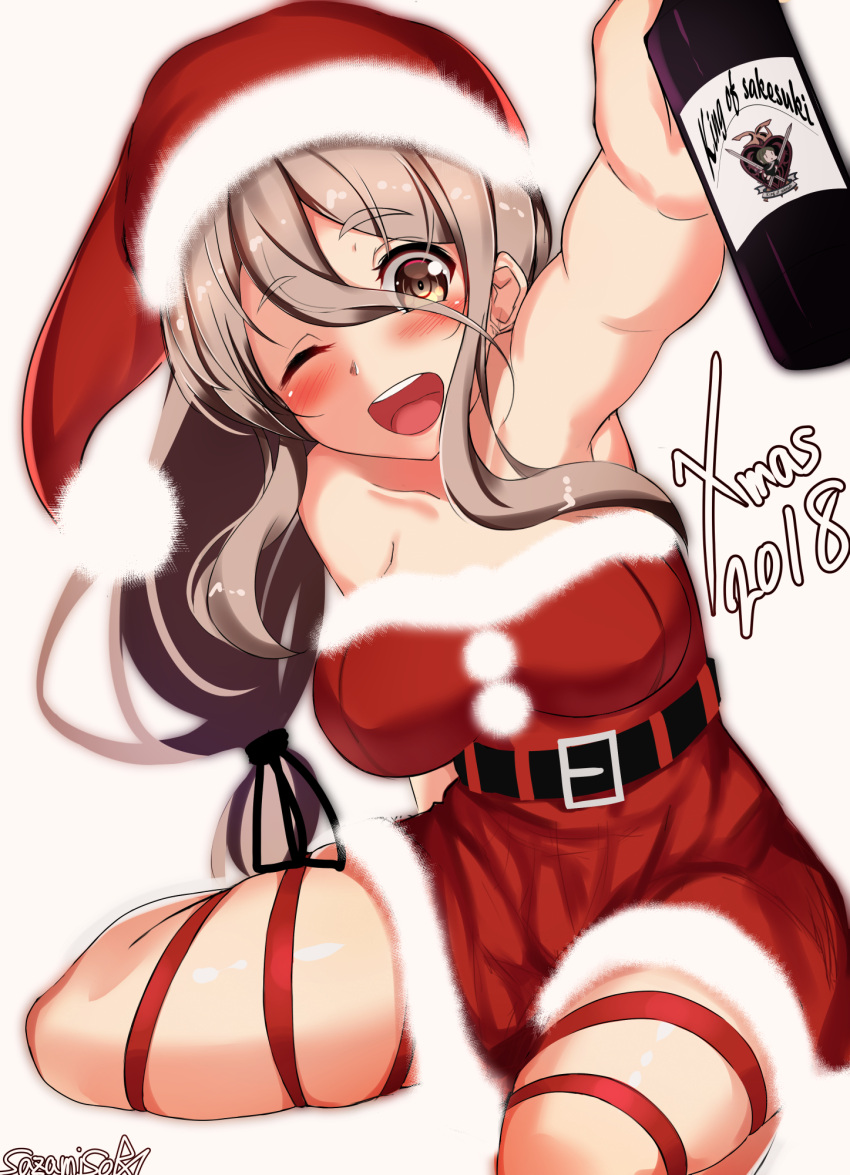 1girl bangs belt blush bottle breasts brown_eyes buckle commentary dress drunk eyebrows_visible_through_hair eyes_visible_through_hair fur-trimmed_dress gradient gradient_background grey_hair hair_between_eyes hat highres holding holding_bottle kantai_collection large_breasts leg_ribbon long_hair looking_at_viewer merry_christmas one_eye_closed open_mouth pola_(kantai_collection) red_dress red_ribbon ribbon santa_hat sazamiso_rx sidelocks signature simple_background skindentation smile solo strapless strapless_dress thick_eyebrows wavy_hair