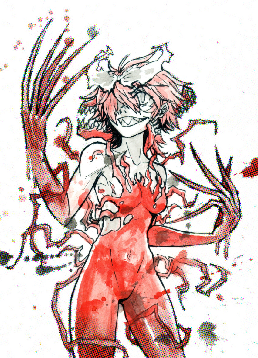 1girl artist_name blood breasts carnage carnage_(marvel) female genderswap genderswap_(mtf) hair_between_eyes hair_ribbon highres humanization marvel monster_girl muscle personification pose red red_skin redhead ribbon sharp_teeth short_hair simple_background smile smile_face somersaultdropkick spider-man_(series) symbiote symbol teeth tongue tongue_out watermark white_background yandere