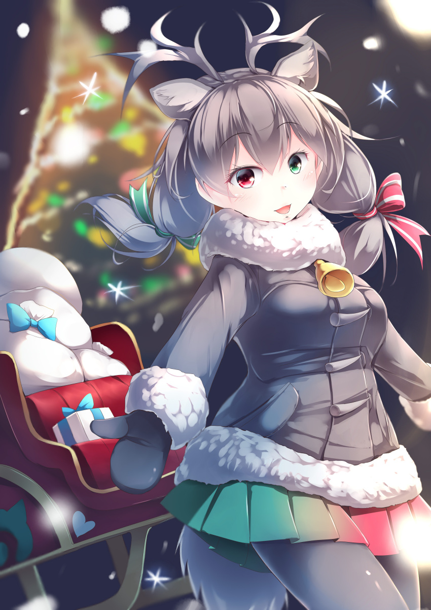 1girl :d absurdres animal_ear_fluff animal_ears antlers bell blurry blurry_background box christmas christmas_tree coat commentary eyebrows_visible_through_hair fur_collar gift gift_box green_eyes grey_hair hair_between_eyes hair_ribbon heterochromia highres kanzakietc kemono_friends long_hair looking_at_viewer mittens multicolored multicolored_clothes multicolored_skirt open_mouth pleated_skirt red_eyes reindeer_(kemono_friends) reindeer_antlers reindeer_ears ribbon sack skirt sled smile solo winter_clothes winter_coat