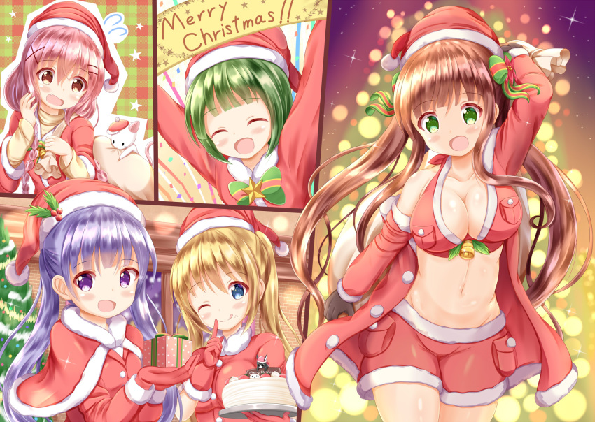 5girls :d ;q ^_^ animal anko_(gochiusa) arms_up bangs blend_s blonde_hair blush bow box breasts brown_eyes brown_gloves brown_hair capelet cat christmas christmas_tree cleavage closed_eyes closed_eyes closed_mouth comic_girls commentary_request creator_connection crossover dress eyebrows_visible_through_hair fur-trimmed_capelet fur-trimmed_dress fur-trimmed_gloves fur-trimmed_hat fur-trimmed_jacket fur-trimmed_shorts fur_trim gift gift_box gloves gochuumon_wa_usagi_desu_ka? green_bow green_eyes green_hair hair_between_eyes hair_bow hat highres hinata_kaho holding holding_gift holding_sack indoors jacket kin-iro_mosaic large_breasts long_hair merry_christmas moeta_kaoruko multiple_crossover multiple_girls new_game! off_shoulder one_eye_closed oomiya_shinobu open_clothes open_jacket open_mouth pink_hair plaid purple_hair red_capelet red_dress red_gloves red_hat red_shorts sack santa_costume santa_hat short_shorts shorts smile star striped striped_bow suzukaze_aoba tongue tongue_out twintails ujimatsu_chiya very_long_hair violet_eyes window zenon_(for_achieve)