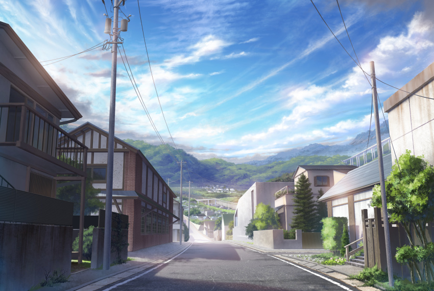 balcony blue_sky clouds cloudy_sky commentary_request day fence grass highres house mountain official_art outdoors panty_party power_lines road scenery sky stairs telephone_pole town tree yumiru