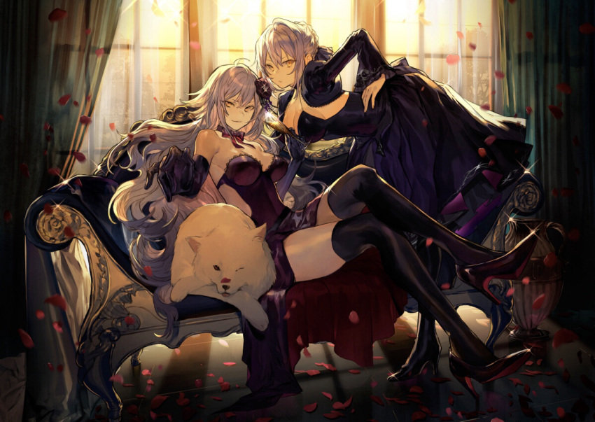 2girls artoria_pendragon_(all) bare_shoulders bent_over black_dress black_legwear blonde_hair bow bowtie braid breasts cleavage couch cup detached_sleeves dog dress drinking_glass elbow_gloves fate/grand_order fate_(series) flower formal gloves hair_flower hair_ornament high_heels jeanne_d'arc_(alter)_(fate) jeanne_d'arc_(fate)_(all) legs_crossed long_hair looking_at_viewer multiple_girls neck_ribbon nozaki_tsubata petals purple_dress ribbon rose_petals saber_alter silver_hair sitting smile sparkle thigh-highs vase very_long_hair window wine_glass yellow_eyes