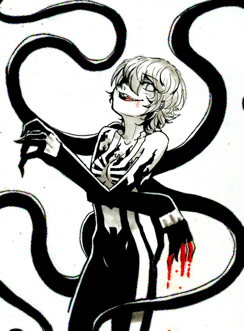 1girl absurdres artist_name blood blood_on_face bloody_hands breasts commentary english_commentary eyebrows_visible_through_hair female genderswap genderswap_(mtf) hair_between_eyes hair_ribbon highres humanization looking_at_viewer marvel monster_girl personification pose ribbon ring_eyes sharp_teeth short_hair simple_background smile smile_face solo somersaultdropkick spider-man_(series) symbiote symbol teeth tentacle venom venom_(marvel) white_background white_hair yandere