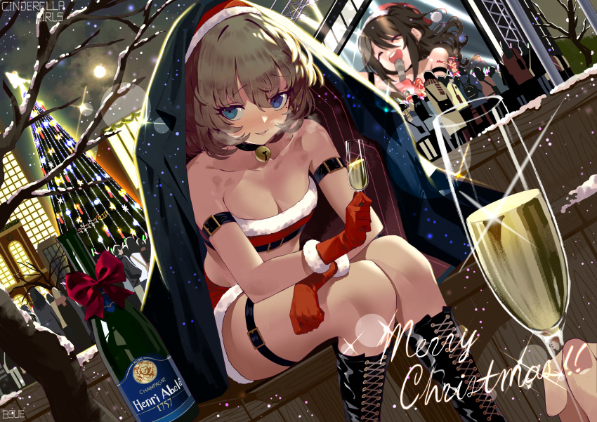 4girls :d ^_^ absurdres alcohol aqua_eyes arm_belt arm_up bandeau bangs bare_shoulders bare_tree bell bell_choker belt black_choker black_coat black_footwear black_hair blue_eyes blush boots bottle box breasts bsue building character_request choker christmas christmas_tree cleavage closed_eyes closed_eyes collarbone commentary copyright_name crop_top cross-laced_footwear crowd cup drinking_glass dutch_angle eyebrows_visible_through_hair full_moon fur-trimmed_gloves fur_trim glint gloves grey_hair hat heterochromia highres holding holding_cup holding_microphone idolmaster idolmaster_cinderella_girls jingle_bell knee_boots leaning_forward leg_belt light_particles looking_at_viewer merry_christmas microphone midriff miniskirt mole mole_under_eye moon multiple_girls music night open_mouth outdoors parted_lips pov pov_hands red_gloves red_hat red_ribbon red_skirt ribbon santa_costume santa_hat shimamura_uzuki short_hair singing sitting skirt sleeveless small_breasts smile snow stage stage_lights star takagaki_kaede thighs tree upper_teeth wine wine_bottle wine_glass wing_collar