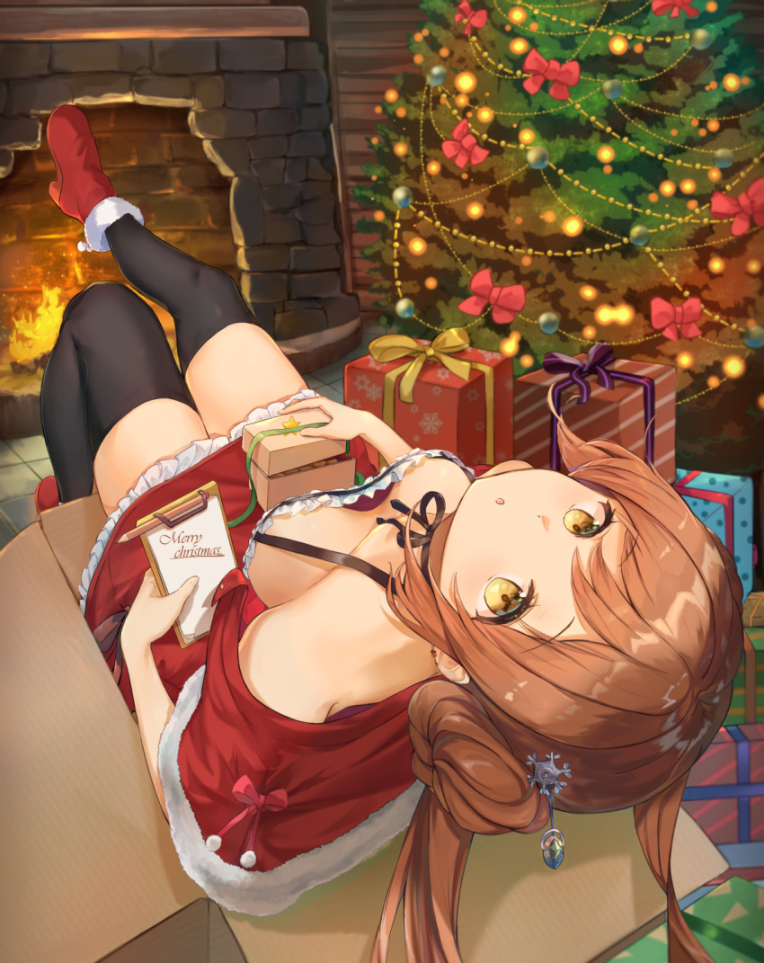1girl bangs black_legwear bra_strap breasts brown_hair capelet christmas christmas_lights christmas_tree commentary_request double_bun dress eyebrows_visible_through_hair fire fireplace frilled_dress frills fur-trimmed_capelet fur_trim gift hair_ornament high_heels highres holding long_hair looking_at_viewer looking_up medium_breasts mosta_(lo1777789) on_box original pen red_capelet red_dress red_footwear sidelocks sitting sleeveless sleeveless_dress solo tareme thigh-highs twintails upside-down yellow_eyes