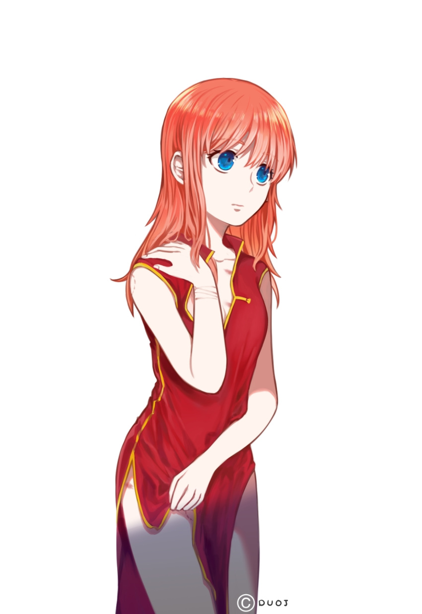 1girl blue_eyes breasts brown_hair china_dress chinese_clothes cleavage collarbone cowboy_shot doruje dress gintama highres kagura_(gintama) long_hair looking_at_viewer red_dress shiny shiny_hair simple_background sleeveless sleeveless_dress small_breasts solo standing white_background