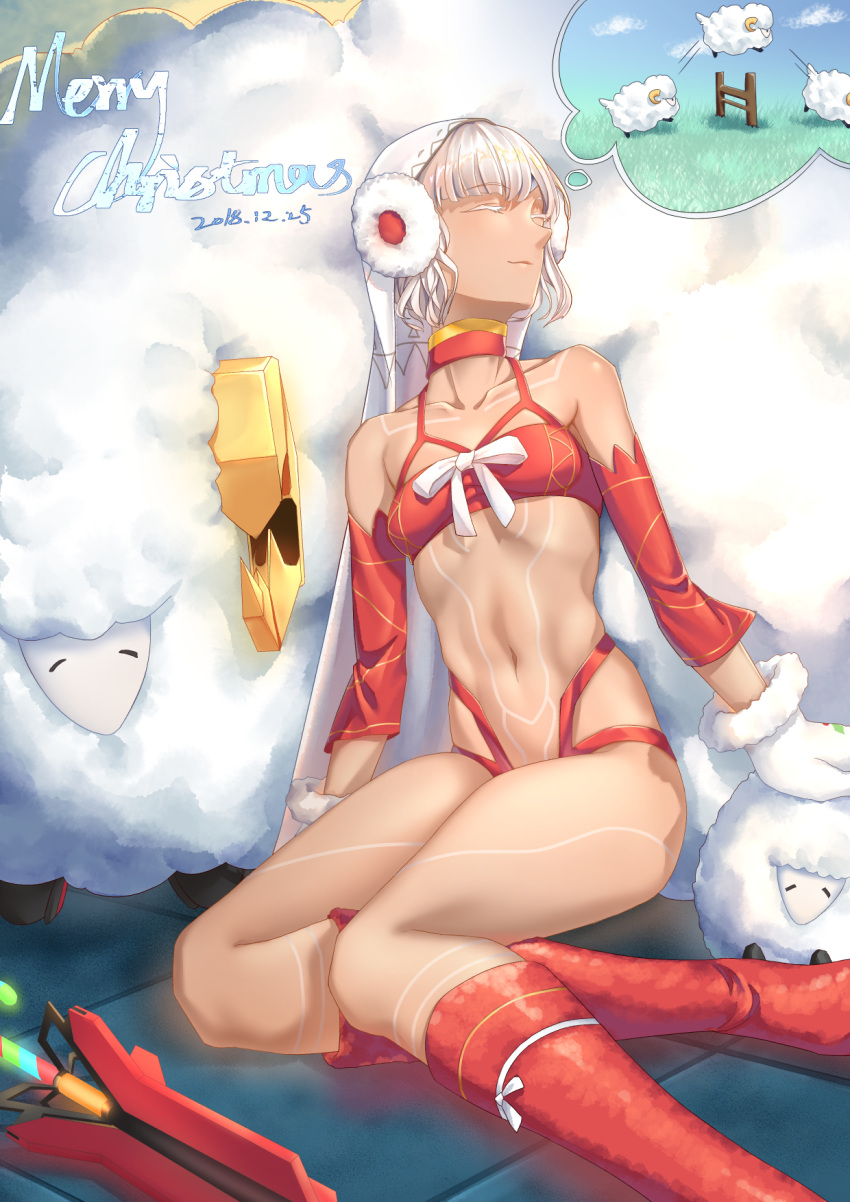 1girl airysher altera_(fate) altera_the_santa bare_shoulders boots closed_eyes commentary_request counting_sheep dark_skin dated detached_sleeves dreaming earmuffs eyebrows_visible_through_hair fate/grand_order fate_(series) highres knee_boots merry_christmas mittens navel red_footwear sheep short_hair sleeping smile solo stomach veil white_hair