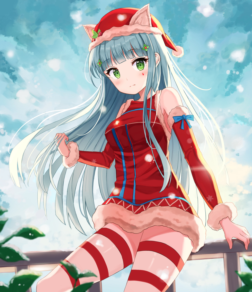1girl animal_ears aqua_hair backlighting bangs bare_shoulders blue_sky blurry blurry_foreground blush breasts christmas closed_mouth clouds commentary day depth_of_field detached_sleeves dress eyebrows_visible_through_hair eyelashes facial_mark fake_animal_ears floating_hair fur-trimmed_sleeves fur_trim girls_frontline green_eyes hair_ornament hat highres hk416_(girls_frontline) holding holding_hair leg_ribbon long_hair long_sleeves looking_at_viewer medium_breasts niji_(rudduf232) outdoors plant railing red_dress red_hat red_ribbon ribbon santa_costume santa_hat sidelocks sitting sky snowing solo sunlight tareme thighs winter