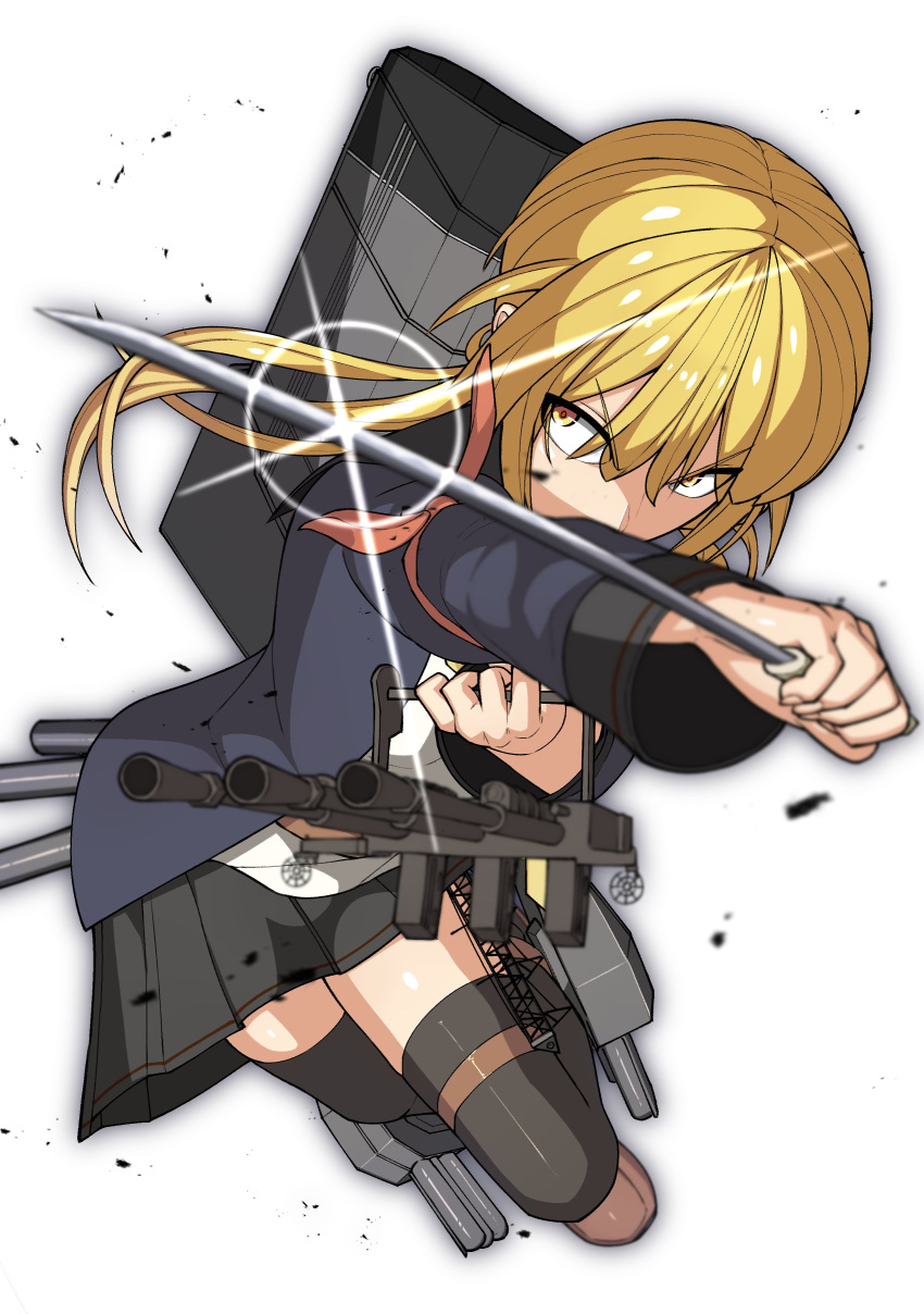 absurdres angry eyebrows_visible_through_hair highres jacket kantai_collection karasuma_kuraha long_sleeves satsuki_(kantai_collection) school_uniform serious skirt sword tight twintails weapon yellow_eyes