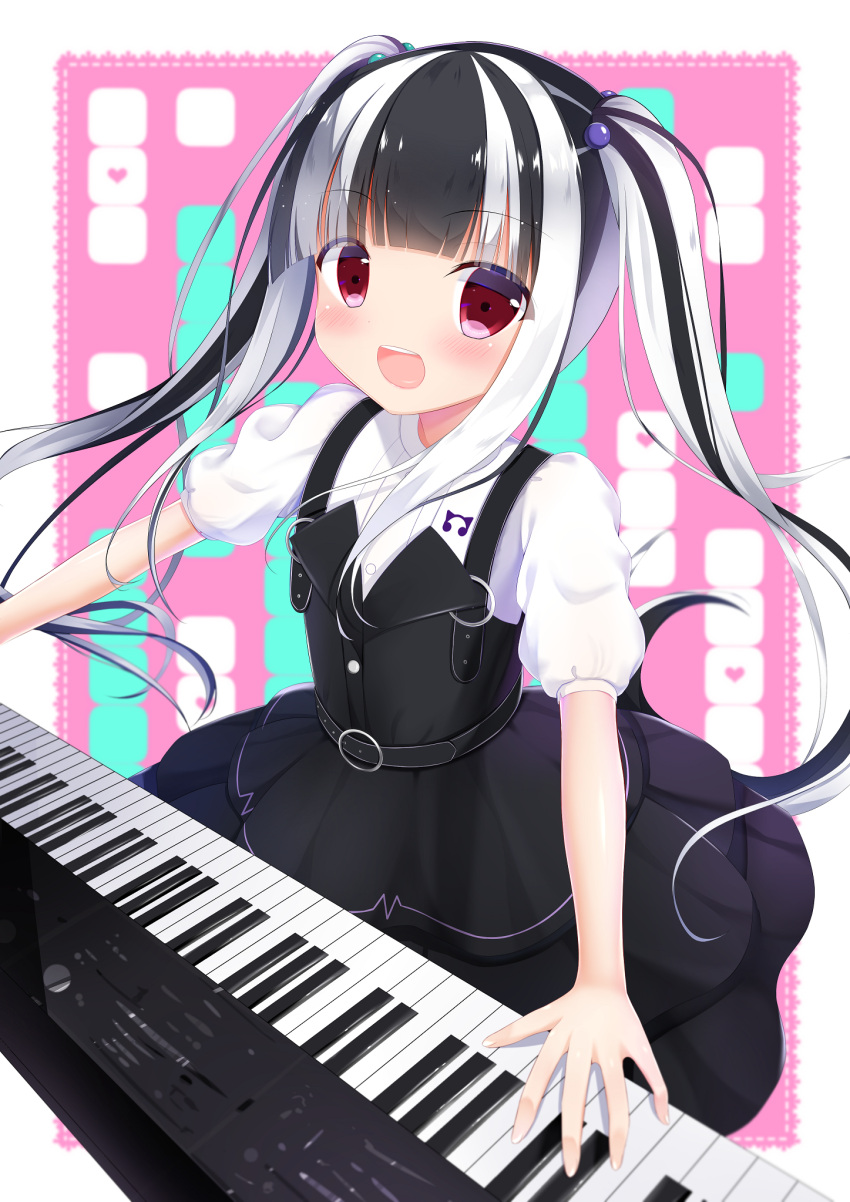1girl :d bang_dream! bangs belt black_belt black_dress black_hair blunt_bangs blush commentary_request dress hair_bobbles hair_ornament highres instrument keyboard_(instrument) koh_(user_kpcu7748) long_hair looking_at_viewer multicolored_hair music nyubara_reona open_mouth pinafore_dress playing_instrument red_eyes shirt short_sleeves smile solo twintails two-tone_hair white_hair white_shirt