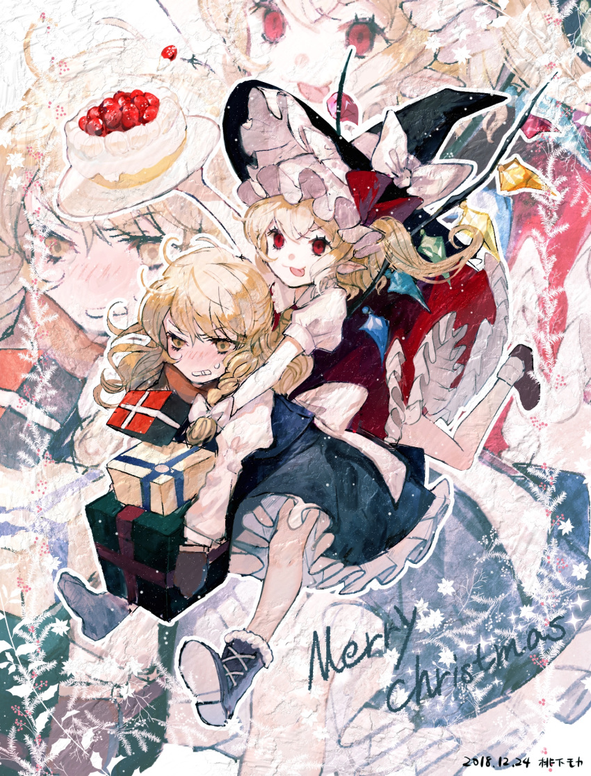 2girls :3 :p arm_up artist_name bangs black_footwear black_gloves black_hat black_skirt black_vest blonde_hair boots bow box braid cake clenched_teeth commentary crystal dated dress eyebrows_visible_through_hair flandre_scarlet food full_body gift gift_box gloves hair_between_eyes hair_bow hat hat_bow hat_ribbon highres holding holding_plate juliet_sleeves kirisame_marisa long_hair long_sleeves merry_christmas mittens mob_cap mochacot multiple_girls no_hat no_headwear one_side_up outline petticoat plate pointy_ears puffy_short_sleeves puffy_sleeves red_dress red_ribbon ribbon shirt shoes short_sleeves single_braid skirt skirt_set smile socks symbol_commentary teeth tongue tongue_out touhou v-shaped_eyebrows vest white_bow white_hat white_legwear white_outline white_shirt wings witch_hat yellow_eyes